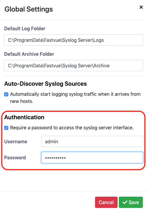 Resetting the Password and Username for Fastvue Syslog